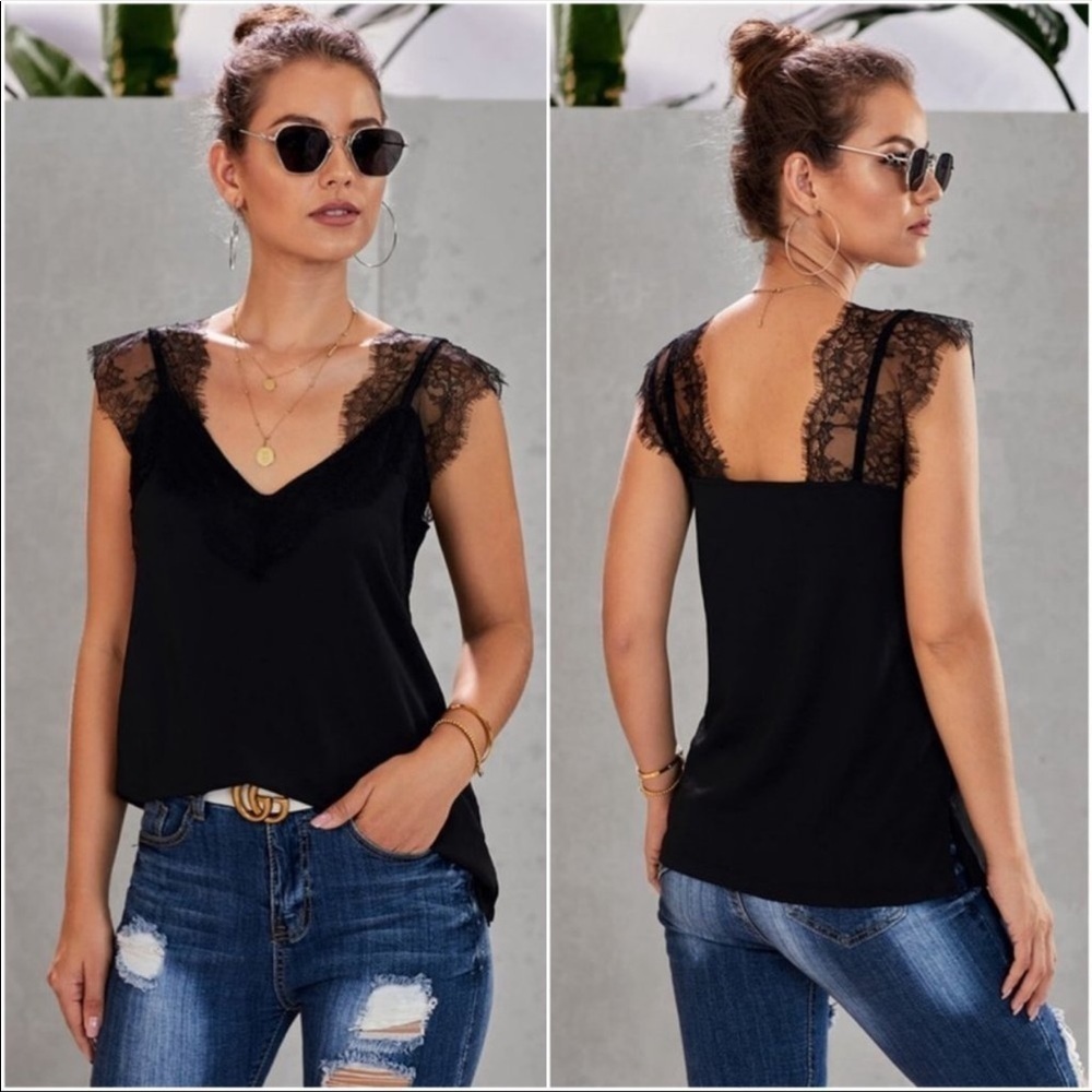 NEW Akaiv Black with Lace Shoulders V-Neck Silky Sexy Classic Festival Outfit L